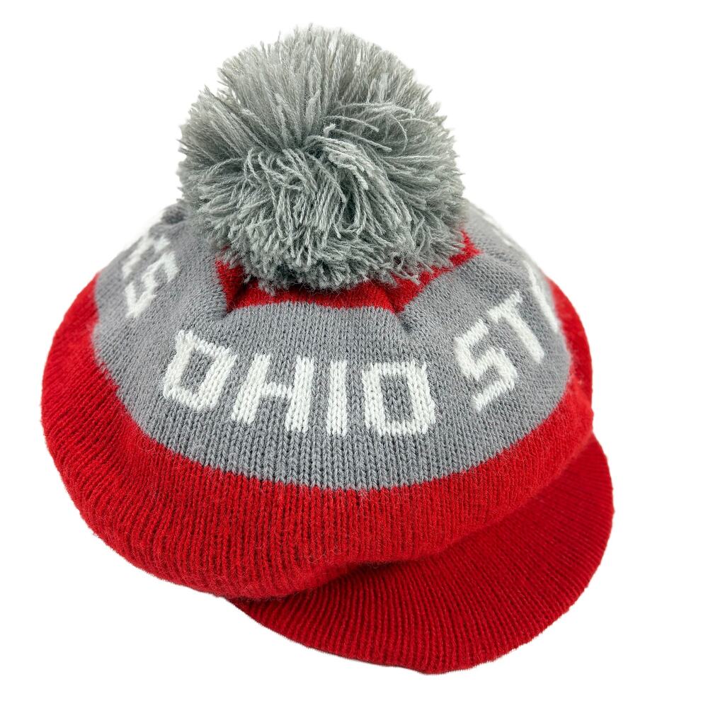 Ohio State Buckeyes Newsboy Winter Hat VTG 70s Red Gray Pompom Retro USA Made